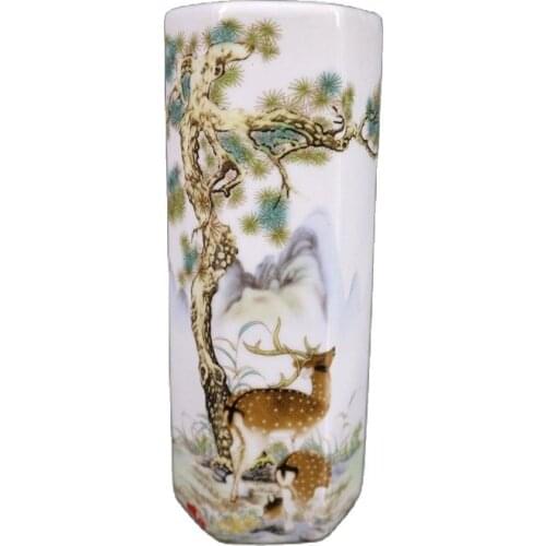 China Old Porcelain Pastel Longevity Pattern Hexagonal Pen Holder