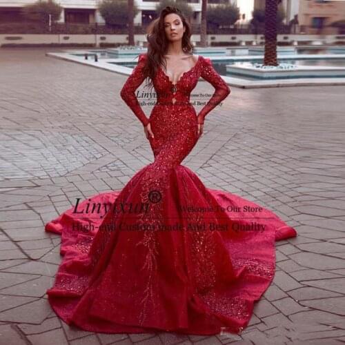 Red Mermaid Prom Dresses 2020 High Side Split Long Evening Gowns Open Back Appliqued Lace Long Sleeve Formal Party Gown Elegant