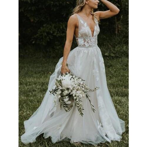 V-Neck Appliques Lace Sash Backless Tulle A-Line Wedding Dress 2021 Vestido De Noiva Bridal Gown