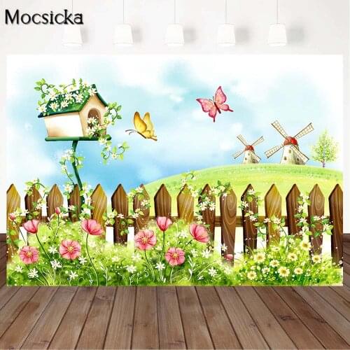 Spring fairy tale world Background For Photo Garden green lawn butterfly Backdrop Children Kids Birthday Photography Backdrops