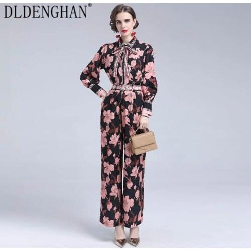 DLDENGHAN Runway Designer Autumn Suit Women Bow Turn-down Collar Long Sleeve Shirt + Wide Leg Pants Vintage Print Two Piece Set