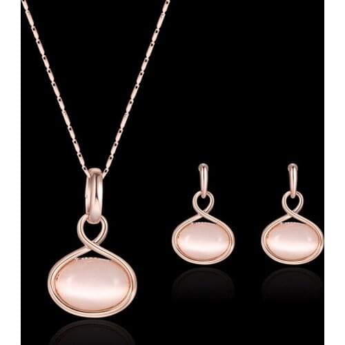 Fashion Cute Hollow Metal Oval Opal Inlaid Drop Pendent Earrings Necklace Set Korean Neck Ear Jewelry Sets for Women Girls Gift