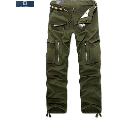 [EL BARCO] New Cotton Military Cargo Pants Men Casual Soft Black Khaki Army Green Zipper Pocket Male Long Trousers Size 28-40