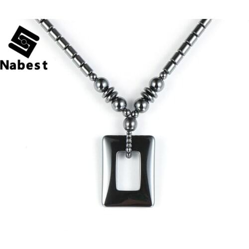 Men Women Natural Stone Black Hematite Hollow Rectangle Pendant Necklace Choker Hematite Clavicle Chain Necklace Jewelry