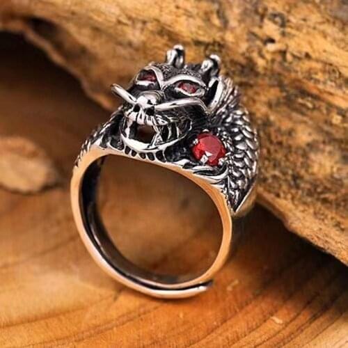 New Vintage Thai Silver Dragon Head Ring Trendy Male Index Finger Ring Personality Single Domineering Fashion Trendy Open Ring