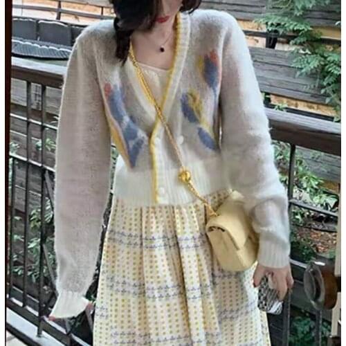 Autumn vintage chic knitting sweater cardigan women korean V-Neck print casual sweater coat female long sleeve slim sweater tops