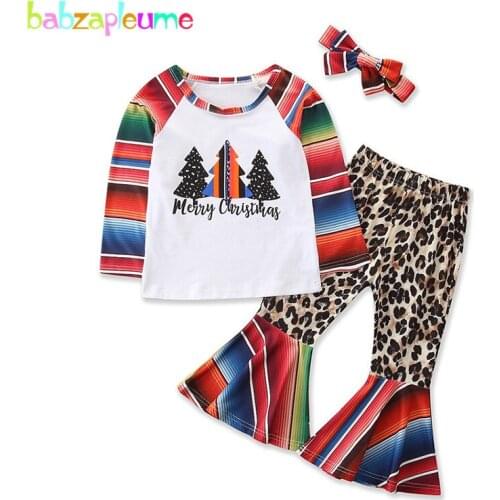 3Piece Baby Girls Fall Outfits Cartoon Cute Long Sleeve Cotton T-shirt+Loose+Headband Kids Christmas Clothes Children Sets 1975