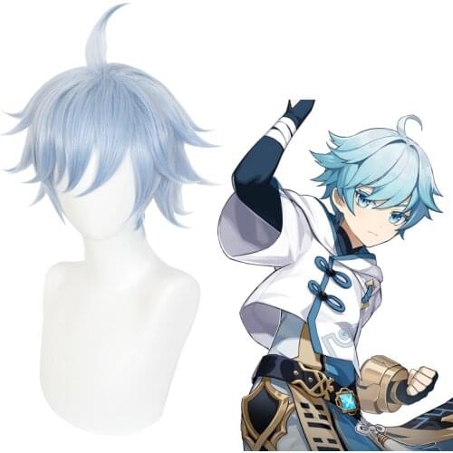 Genshin Impact Cosplay Chongyun Wig Light Blue Upturned Shape COS Anime Cosplay Wigs Synthetic Hair Role Playing Wig Fake Hair