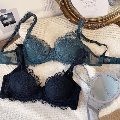 Wriufred Sexy eyelashes lace lingerie briefs suit thin women plus size gathered underwire bra underwear sets