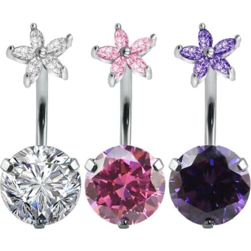 Sexy Womens Flower Belly Button Ring Piercing Navel Ombligo Surgical Steel Round Zircon Body Piercing Jewelry