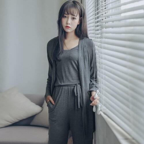 Summer Korean-style Pajamas Modal Cotton Vest Cardigan Loose Pants Womens Long-Sleeve Loose-Fit Homewear Set Three-piece Set