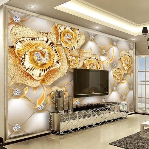 Custom Self-adhesive Wallpaper 3D Diamond Jewelry Golden Flower Living Room TV Background Wall Painting Wall Papers Home Decor