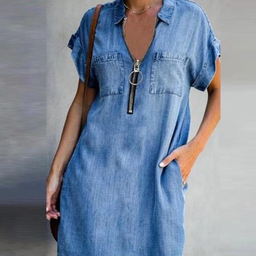 Casual Women Short Sleeve Denim Shirt Dress Summer Zipper V Neck Pocket Mini Dress Autumn Elegant Solid Lady Party Dress Vestido