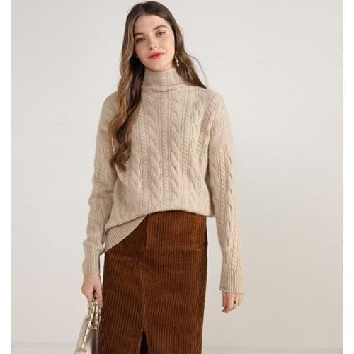 Turtleneck Cable Knitted Winter Thick Pullovers Long Sleeve Warm Female Fashion Stylish Jumper Women 100% Cashmere Sweater