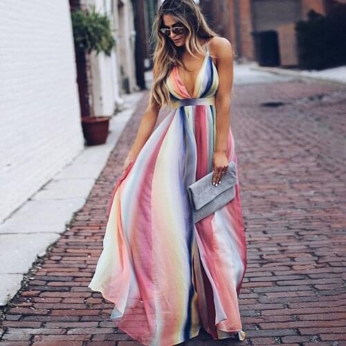 Sexy Backless Strap Maxi Dress 2020 Summer V Neck High Waist Gradient Vinatge Vestdios Boho Beach Evening Party Long Dress Women