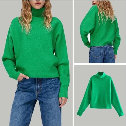 WXWT Za Women Classic Green Turtleneck Knitted Sweater Jumper Female Elegant Loose Pullovers Solid Tops OZZ1252