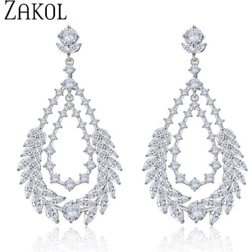 ZAKOL New Designer Leaf AAA Cubic Zirconia Big CZ Dangle Earrings for Elegant Women Bridal Wedding Party Jewelry FSEP2172