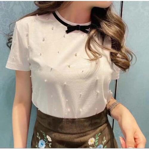 2021 Summer T-Shirt Full of Diamonds Beaded Neckline Bowknot Ribbon Female Short-Sleeved T-Shirt White Cute Top Clothes Women