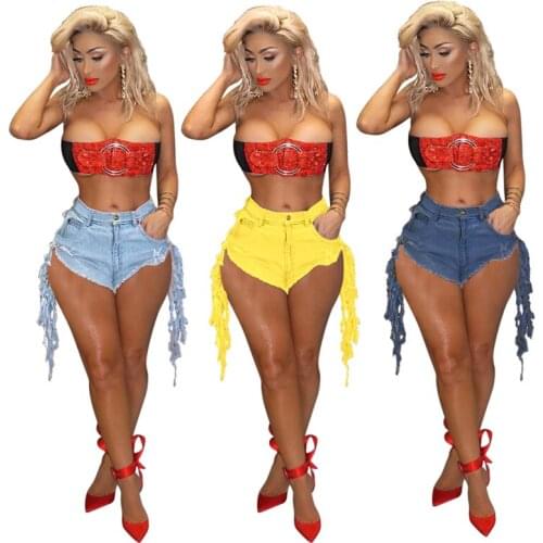 Plus Size 3XL Women Tassels Denim Shorts High Waist Zipper Up Water Washed Slim Fit Trousers Casual Streetwear 2021