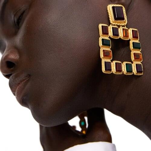 2019 hot sale ZA women statement multicolored square fashion vintage gold color stud Earrings for Girls party Gift Jewelry