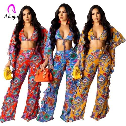 Floral Print Women 2 Piece Set Ruffles Crop Top + Wide Leg Pants Tracksuit 2021 Summer Sexy Deep V Neck Night Club Party Outfits