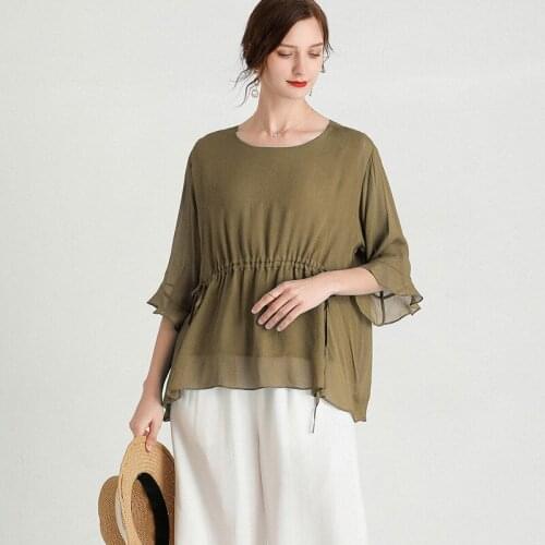 Large size 100% silk top 2021 summer new temperament Elegant short sleeves large size drawstring thin Tencel top woman