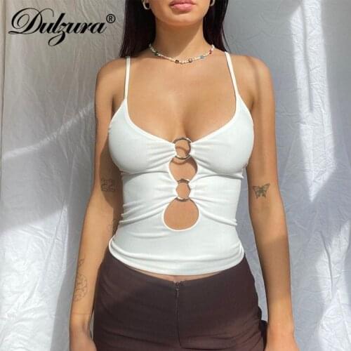 Dulzura Hollow Out Women Strap Crop Top Camis Bodycon Sexy Streetwear Party Club Cute Casual 2021 Summer Clothes Solid