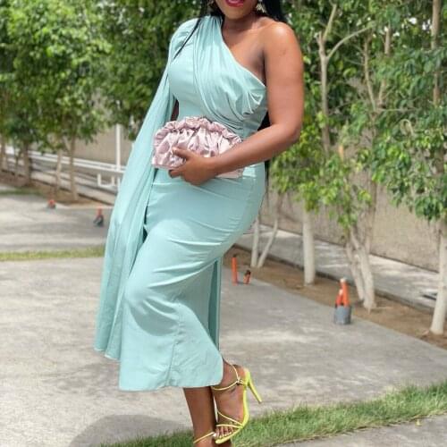 Cloak Sleeve Dresses for Women One Shoulder Bodycon High Waist Mid Calf Fashion Elegant Evening Party Night Vestidos Mujer Dress