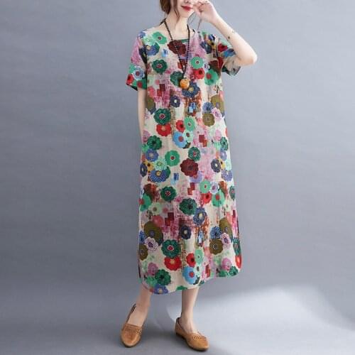 Short sleeve cotton linen vintage floral dresses for women casual loose long woman summer dress elegant clothes 2021