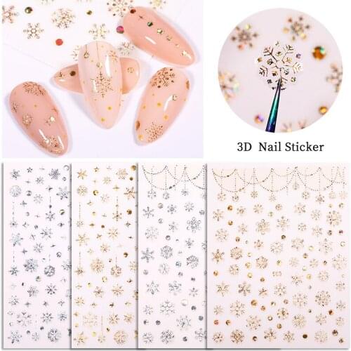 Gold Sliver 3D Nail Stickers Christmas Snowflake Pattern Laser Effect Nail Art Decals Sliders Decoration Transfer Foil Xmas Gift