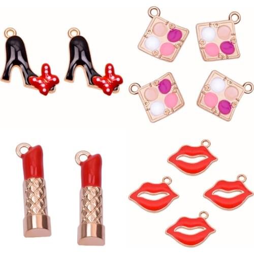 100Pcs/Lot Enamel Makeup High Heels Bow Shoes Charms Lipstick Mouth Pendant Making Women Necklaces Earrings Jewelry Accessory