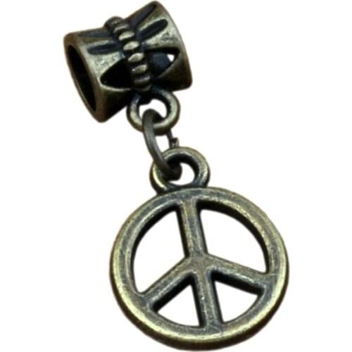 100Pcs Dangle Ancient Bronze Peace Charm Big Hole Beads Fit European Bracelet Jewelry 12.5x28mm A-330a
