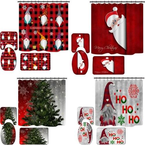 Santa Claus 3D Christmas tree Shower Curtain Waterproof Polyester Bathroom Curtain Anti-slip Bath Mat Set Toilet Rugs Carpet