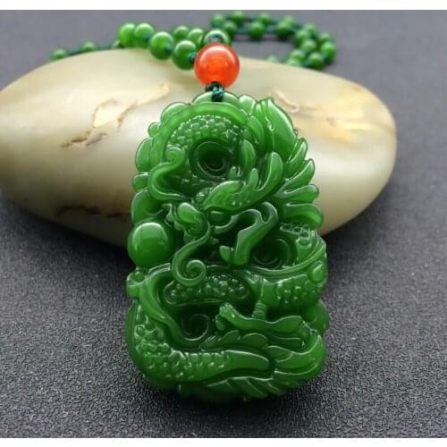 Free Shipping Green AAAA Jade Pendant Handmade Carved Chinese Dragon Women Mens Amulet Jades Jewelry Pendants+Beads Necklace