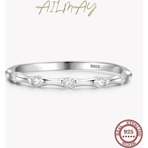 Ailmay Real 925 Sterling Silver Simple Geometric Design Clear Zircon Slub Rings For Women Girls Anti-allergy Fine Jewelry Gifts
