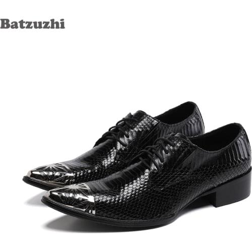 Batzuzhi Italian Style Mens Shoes Fashion Pointed Metal Toe Black Genuine Leather Dress Shoes Men Lace-up Business Footwear