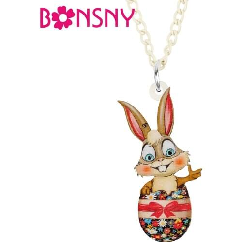 BONSNY Acrylic Easter Eggs Rabbit Bunny Necklace Pendant Long Chain Charm Novelty Cartoon Jewelry Gift For Women Girls Teens