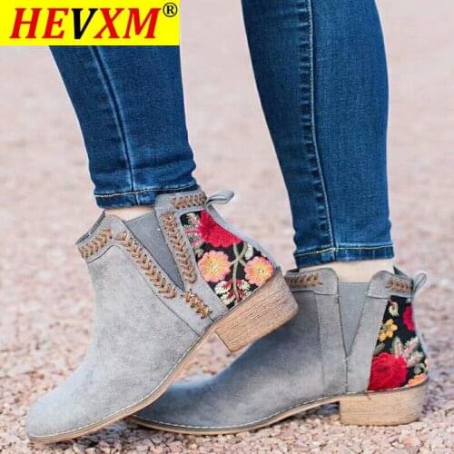 Women Ankle Boots Womens 2020 Autumn Boots Woman Embroidery Thick Heels Ladies Elastic Band Shoes Female Footwear Plus Size 43