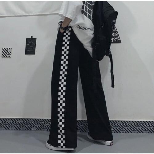 HOUZHOU Harajuku Oversize Plaid Pants Women Side Checkerboard Patchwork Wide Leg Pant Autumn Korean Fashion Gothic Streetwear