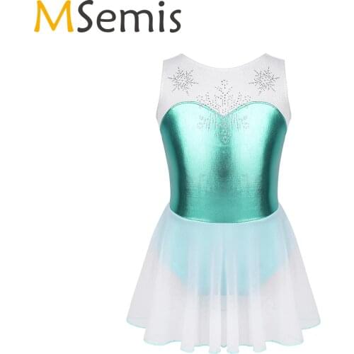 MSemis Girls Metallic Ballet Dance Dress Kid Leotard Rhythmic Gymnastics Clothes Rhinestone Snowflake Ballerina Costume Swimsuit