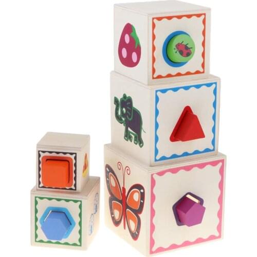 Wooden Stackable Cube 5 Geometric Blocks Matching Game Color Shape Montessori Early Learning Educational Toys Gift for Children