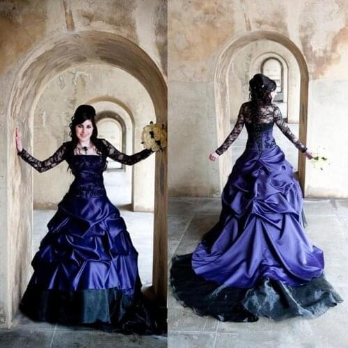 Hot Victorian Gothic Plus Size Long Sleeve Wedding Dresses Sexy Purple and Black Ruffles Satin Corset Strapless Lace Bridal Gown