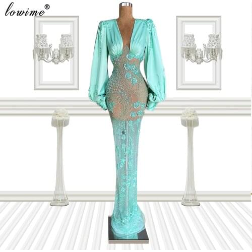 Mint Green Long Sleeves Evening Dresses With Flowers Arabic Mermaid Evening Gowns Special Celebrity Dresses Vestidos De Fiesta