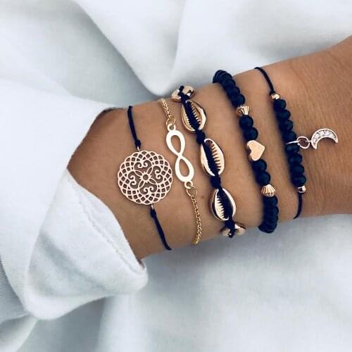 Boho Shell Bead Chain infinity Bracelets Set For Women Crystal Moon Heart Charm Black Bangle On Hand 2021 Bohemia Jewelry