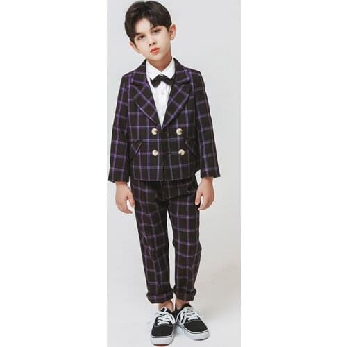 Formal Boys Plaid Jacket +Pants 2PCS Suit for Weddings Children Party Clothes Kids School Costume Gentlemen Teenager Tuxedos Set