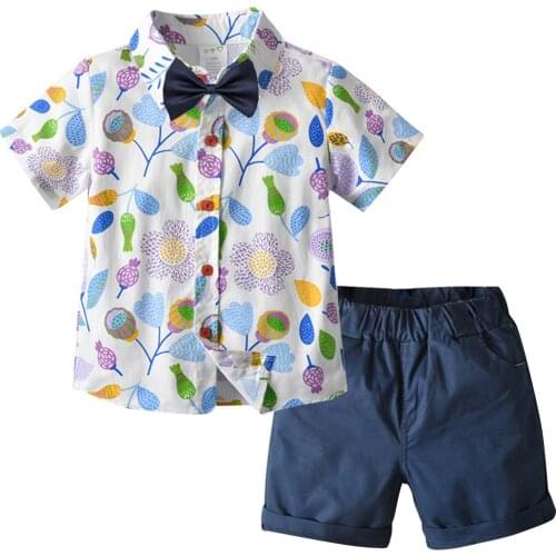 New Boys Shirt Shorts Set, Toddlers Cartoon Tree Plant Printing Short Sleeve Lapel Top + Bow Tie + Solid Color Short Trousers