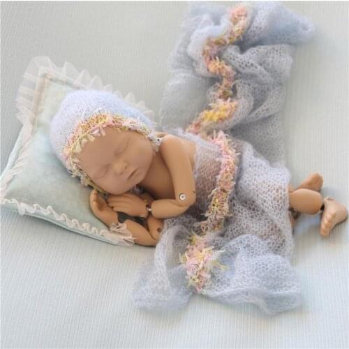 Newborn Knit Mohair Wrap Bonnet Set Baby Handmade Crochet Hat Newborn Knit Stretch Wrap Photography Prop