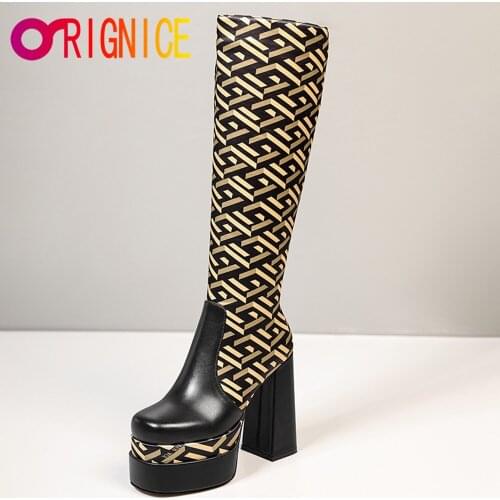 Orignice Attractive Autumn Geometric Pattern Silk Cow Leather Patchwork Knee High Boots Platform Thick Heel Round Toe Party Shoe