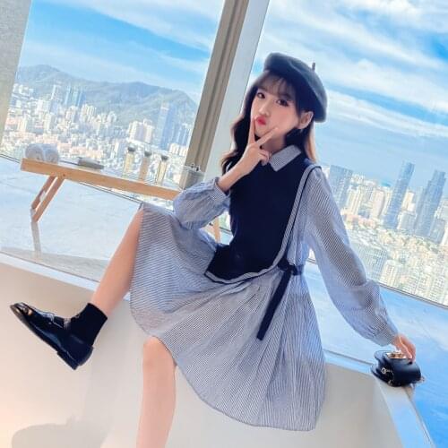 2021 New Striped Pleated Dress Children Princess Girl Two Pieces Sets Vest + Shirt Dress 120-170cm For 12 14 Years Olds Teens