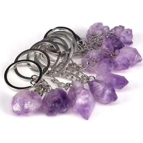 Silver Plated Circle Irregular Shape Amethysts Stone Key Chain Charm Jewelry
